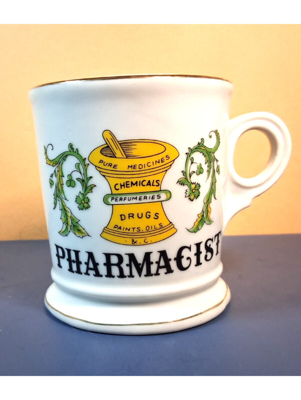 VINTAGE White Ironstone Pharmacist Occupational Shaving Mug w/ Mortar & Pestle